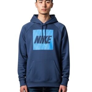 Nike Dri-FIT Hoodie Men Medium Navy Blue Excellent Graphic Box Logo Pullover